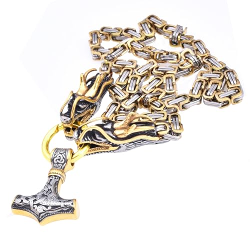 JHBTFQ Drachen Kette Herren mit Thor Hammer Mjölnir Drachenkopf Anhänger Edelstahl Schwer Punk Hip-Hop Wikinger Schmuck Geschenk 40/50/60/70/80/90cm Königskette,Gold silver,60cm von JHBTFQ