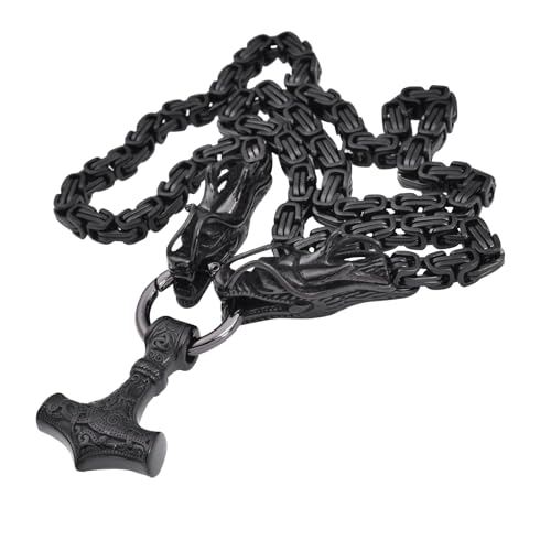 JHBTFQ Drachen Kette Herren mit Thor Hammer Mjölnir Drachenkopf Anhänger Edelstahl Schwer Punk Hip-Hop Wikinger Schmuck Geschenk 40/50/60/70/80/90cm Königskette,Schwarz,80cm von JHBTFQ