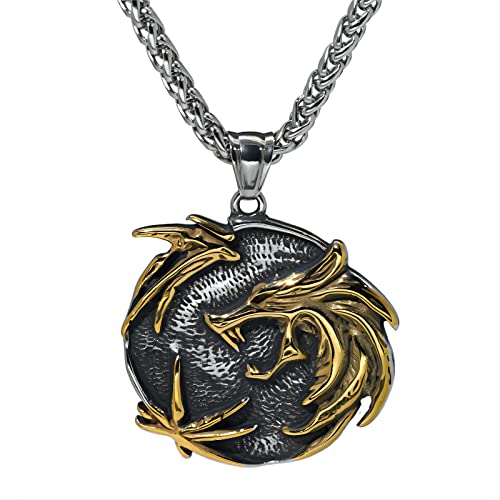 JHBTFQ Gold Fenrir Wolf Anhänger Halskette Wikinger Herren Edelstahl Nordischen Amulett Schmuck, 24 Zoll Kette von JHBTFQ