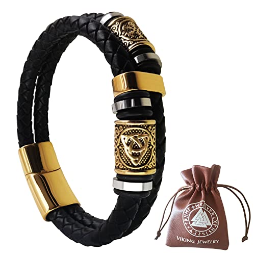 JHBTFQ Wikinger Armband Schwarz Geflochtener Leder mit Gold Edelstahl Vegvisir Runen Perlen, Nordische Herren Amulett Schmuck von JHBTFQ