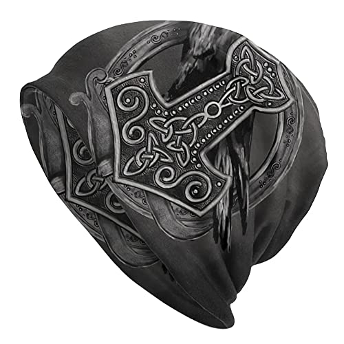 JHBTFQ Wikinger Beanie-Mütze für Herren Damen, Stricken Doppellagig Skullies Herbst Sommer Odin-Mythos Nordisches Geschenk, Mjolnir raven, One Size von JHBTFQ