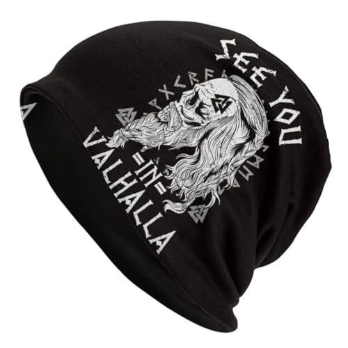 JHBTFQ Wikinger Beanie-Mütze für Herren Damen Stricken Doppellagig Skullies Herbst Sommer Odin-Mythos Nordisches Geschenk,See you in valhalla,One Size von JHBTFQ