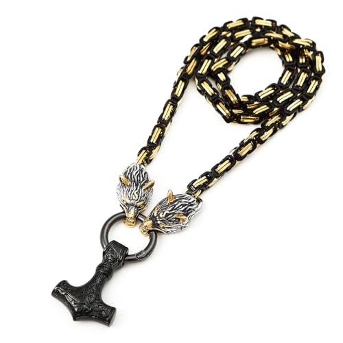 JHBTFQ Wikinger Halskette Herren Königskette mit Thor Hammer Mjölnir Wolfskopf Anhänger 316L Edelstahl Amulett Schmuck Geschenk(7 Farben 3 Größen),Black gold,50cm von JHBTFQ