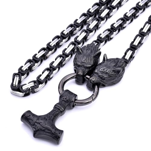 JHBTFQ Wikinger Halskette Herren Königskette mit Thor Hammer Mjölnir Wolfskopf Anhänger 316L Edelstahl Amulett Schmuck Geschenk(7 Farben 3 Größen),Black steel,70cm von JHBTFQ