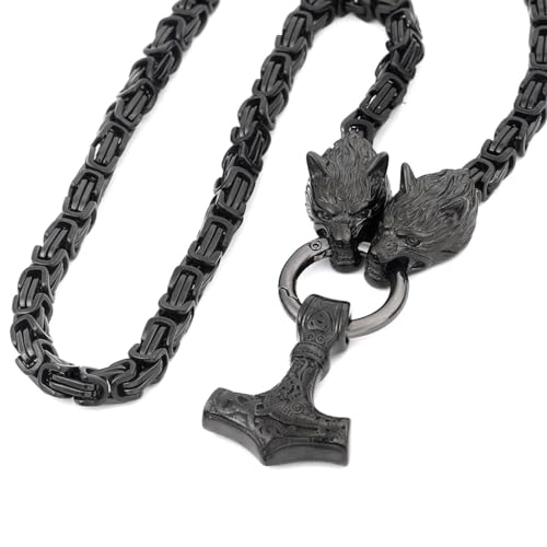 JHBTFQ Wikinger Halskette Herren Königskette mit Thor Hammer Mjölnir Wolfskopf Anhänger 316L Edelstahl Amulett Schmuck Geschenk(7 Farben 3 Größen),Schwarz,60cm von JHBTFQ