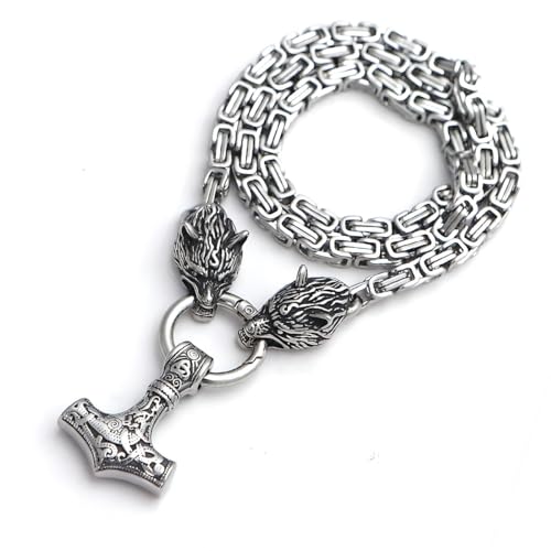 JHBTFQ Wikinger Halskette Herren Königskette mit Thor Hammer Mjölnir Wolfskopf Anhänger 316L Edelstahl Amulett Schmuck Geschenk(7 Farben 3 Größen),Steel,50cm von JHBTFQ