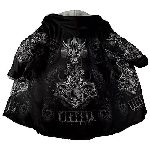 JHBTFQ Wikinger Herren Umhang Mantel aus Kaschmir Imitat, 3D Gedruckte Mittellange Winter-Kapuzenjacke Cosplay Kostüm,Mjolnir,5XL von JHBTFQ