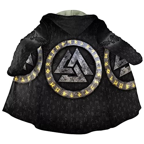 JHBTFQ Wikinger Herren Umhang Mantel aus Kaschmir Imitat, 3D Gedruckte Mittellange Winter-Kapuzenjacke Cosplay Kostüm,Valknut,XXL von JHBTFQ