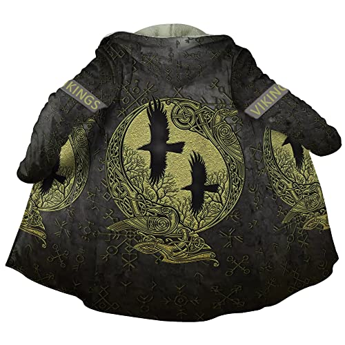 JHBTFQ Wikinger Herren Umhang Mantel aus Kaschmir Imitat, 3D Gedruckte Mittellange Winter-Kapuzenjacke Cosplay Kostüm,Viking Raven,XXL von JHBTFQ