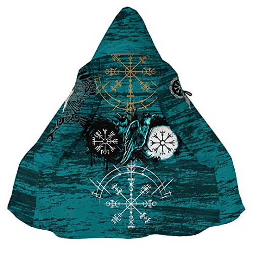 JHBTFQ Wikinger Kapuzenumhang für Herren, Nordischer Kaschmir Mantel Winter Warm 3D Printed Cosplay Jacke Bademantel,Vegvisir Raven,3XL von JHBTFQ