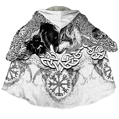 JHBTFQ Wikinger Kostüm Herren Mantel Kleidung Mittelalter Ritter Drucken Winter Warmer Kapuzenmantel Kunstkaschmir,Vegvisir Fenrir,3XL von JHBTFQ