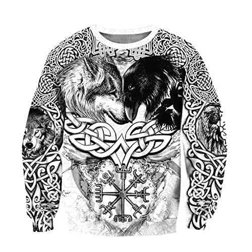 JHBTFQ Wikinger Krieger Tattoo Hoodie für Herren, Vintage Sweatshirt Übergroße Jacke nordischem Mythologie Totenkopf Print Pullover,Fenrir Raven Sweatshirt,XXL von JHBTFQ