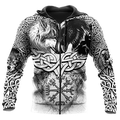 JHBTFQ Wikinger Krieger Tattoo Hoodie für Herren, Vintage Sweatshirt Übergroße Jacke nordischem Mythologie Totenkopf Print Pullover,Fenrir Raven Zipper,3XL von JHBTFQ