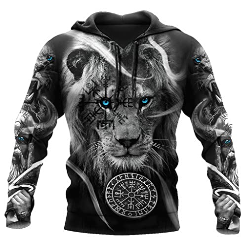 JHBTFQ Wikinger Krieger Tattoo Hoodie für Herren, Vintage Sweatshirt Übergroße Jacke nordischem Mythologie Totenkopf Print Pullover,Lion Vegvisir Hoodie,L von JHBTFQ