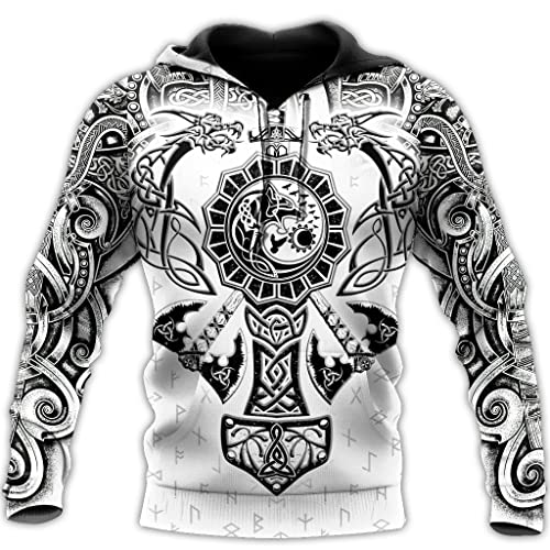 JHBTFQ Wikinger Krieger Tattoo Hoodie für Herren, Vintage Sweatshirt Übergroße Jacke nordischem Mythologie Totenkopf Print Pullover,Mjolnir Hoodie,3XL von JHBTFQ