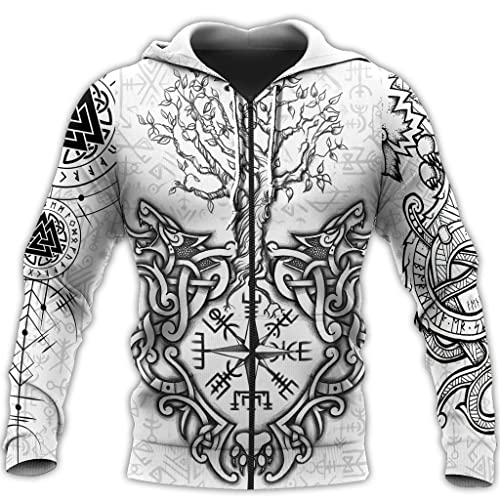 JHBTFQ Wikinger Krieger Tattoo Hoodie für Herren, Vintage Sweatshirt Übergroße Jacke nordischem Mythologie Totenkopf Print Pullover,Odin Wolf Zipper,XXL von JHBTFQ