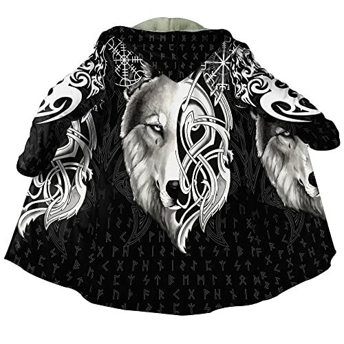 JHBTFQ Wikinger Tattoo Kostüm Herren Kleidung Kunstkaschmir Kapuzenmantel Nordischer Wintermantel Mittelalter Ritter Wärmere Jacke,Fenrir,3XL von JHBTFQ