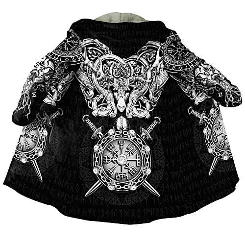 JHBTFQ Wikinger Tattoo Kostüm Herren Kleidung Kunstkaschmir Kapuzenmantel Nordischer Wintermantel Mittelalter Ritter Wärmere Jacke,Helm of awe,5XL von JHBTFQ