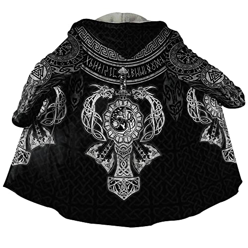 JHBTFQ Wikinger Tattoo Kostüm Herren Kleidung Kunstkaschmir Kapuzenmantel Nordischer Wintermantel Mittelalter Ritter Wärmere Jacke,Mjolnir black,4XL von JHBTFQ