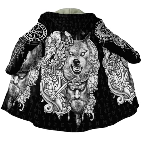 JHBTFQ Wikinger Wintermantel, Dickem Kaschmir Mittellange Kapuzen Warmer Mantel für Herren und Damen Cosplay Nordischer Mythos Odin Fanartikel,Odin and Fenrir,XXL von JHBTFQ