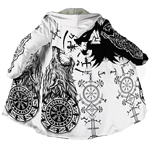 JHBTFQ Wikinger Wintermantel Aus Kaschmir Imitat für Herren, 3D Gedruckter Mantel Warme Lässige Kapuzenjacke Nordisches Kleidungsgeschenk,Fenrir Vegvisir,XXL von JHBTFQ