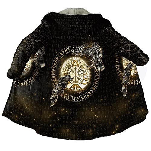 JHBTFQ Wikinger Wintermantel Aus Kaschmir Imitat für Herren, 3D Gedruckter Mantel Warme Lässige Kapuzenjacke Nordisches Kleidungsgeschenk,Odin Raven,XXL von JHBTFQ