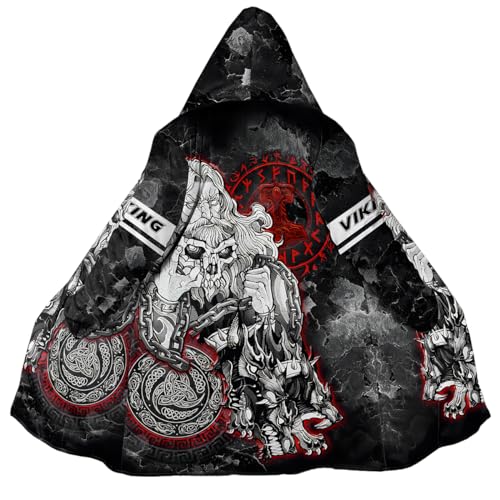 JHBTFQ Wikinger Wintermantel mit Kapuze, 3D Bedruckt Nordische Mythologie Kaschmir Mittellanger Warmer Mantel für Herren und Damen Cosplay Kleidung,God of Odin,XXL von JHBTFQ