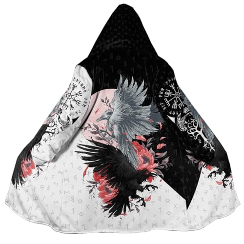 JHBTFQ Wikinger Wintermantel mit Kapuze, 3D Bedruckt Nordische Mythologie Kaschmir Mittellanger Warmer Mantel für Herren und Damen Cosplay Kleidung,Hugin and Munin,M von JHBTFQ