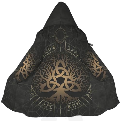 JHBTFQ Wikinger Wintermantel mit Kapuze, 3D Bedruckt Nordische Mythologie Kaschmir Mittellanger Warmer Mantel für Herren und Damen Cosplay Kleidung,Yggdrasil,XL von JHBTFQ