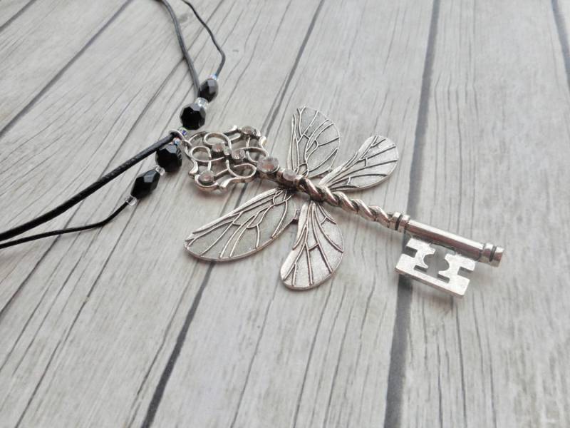 Schlüssel Libelle Anhänger Halskette Schwarz Leder Damen Kristall Ornament/Handgemachte Schmuck Hausgemachte Doppel Strang Onyx Stylish von JHFWBeadsAndFindings