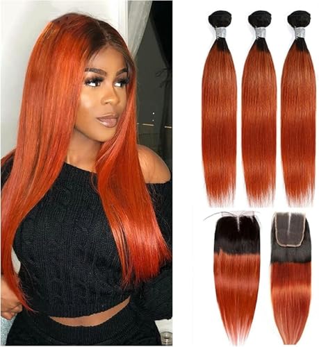 Echthaarbündel, orange, glatte Echthaarbündel, 4 x 4 Spitzenverschluss mit Bündeln, Ombre-Haarwebbündel mit Verschluss, Echthaar für Frauen, Haarverlängerungen (1B 350, 16 16 16–28 30 32 mi von JHJRYGKI