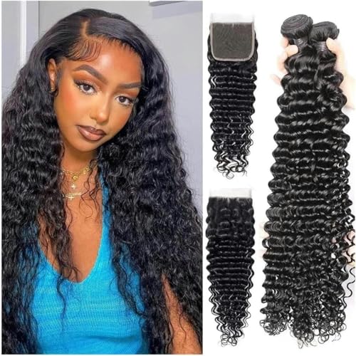 Echthaarbündel Echthaarbündel mit Verschluss Tief gewellte Echthaar-Webart-Extensions Schwarze Haarbündel mit Spitzenfront für schwarze Frauen Haarverlängerungen (Größe: 5 x 5,-4" x 4"-18 20 von JHJRYGKI