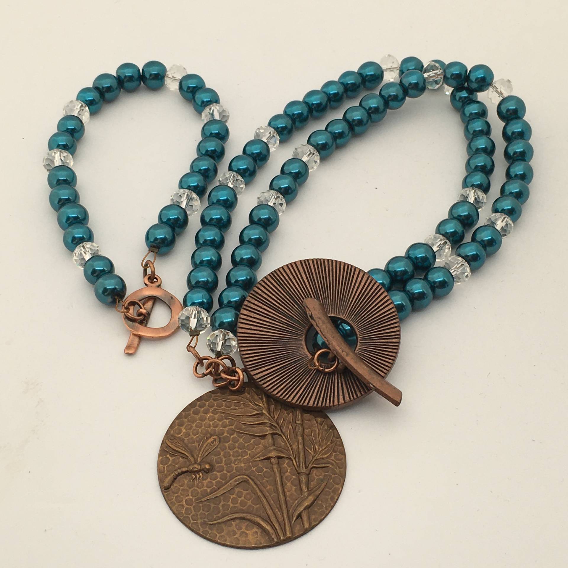 Libelle Kupfer Anhänger Halskette Blaue Glasperle Perlen Schmuck Libelle Kupfer Anhänger Halskette Blaue Glasperle Perlen Schmuck von JHPulseJewellery