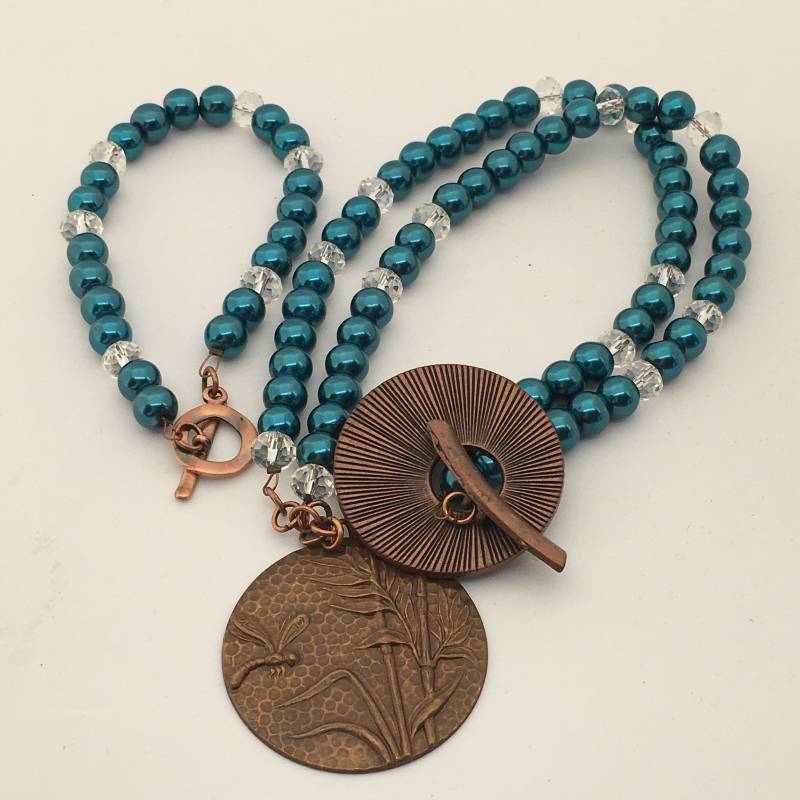 Libelle Kupfer Anhänger Halskette Blaue Glasperle Perlen Schmuck Libelle Kupfer Anhänger Halskette Blaue Glasperle Perlen Schmuck von JHPulseJewellery