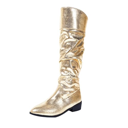 JHSDHYD Cowboystiefel Damen Gold Hohe Damenstiefel Kniehohe Stiefel Damenschuhe Mode Western Cowgirls Damenstiefel Mode Cowboy Leder Damen(37) von JHSDHYD