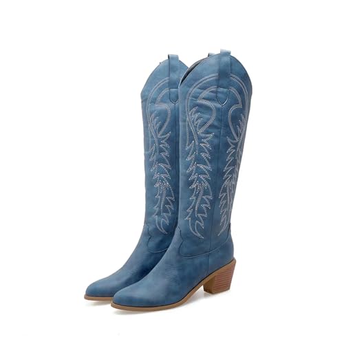 JHSDHYD Cowboystiefel Damen Sticken Sie Western-Cowboystiefel for Damen, modische kniehohe Stiefel mit Keilabsatz, Schuhe in Übergröße 45 50(Blue,41) von JHSDHYD