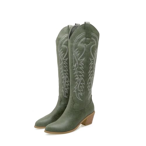 JHSDHYD Cowboystiefel Damen Sticken Sie Western-Cowboystiefel for Damen, modische Kniehohe Stiefel mit Keilabsatz, Schuhe in Übergröße 45 50(Green,36) von JHSDHYD