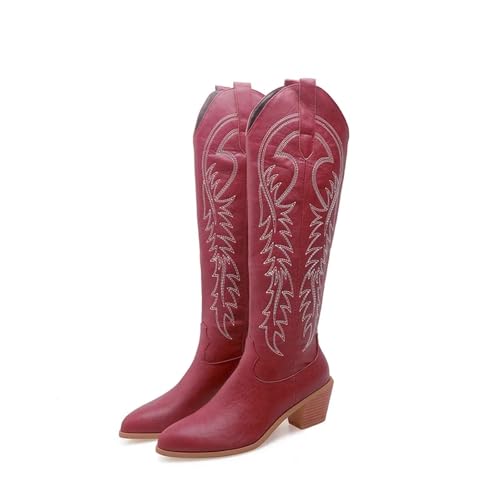 JHSDHYD Cowboystiefel Damen Sticken Sie Western-Cowboystiefel for Damen, modische Kniehohe Stiefel mit Keilabsatz, Schuhe in Übergröße 45 50(Red,38) von JHSDHYD