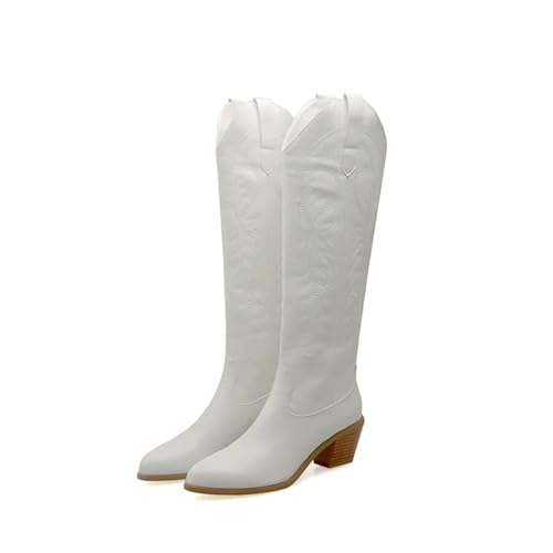 JHSDHYD Cowboystiefel Damen Sticken Sie Western-Cowboystiefel for Damen, modische Kniehohe Stiefel mit Keilabsatz, Schuhe in Übergröße 45 50(White,43) von JHSDHYD
