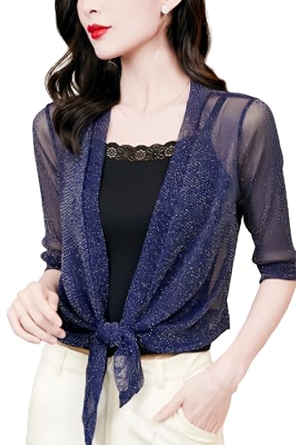 JHTVGIUZ Bolero Damen,Glitzer Bolero Shrugs Für Damen Zum Binden Strickjacke Elegant 3/4 Ärmel Dünne Jacken Gehäkelt Locker Transparent Strandüberzug Für Kleid Abendhochzeit Blau XL von JHTVGIUZ