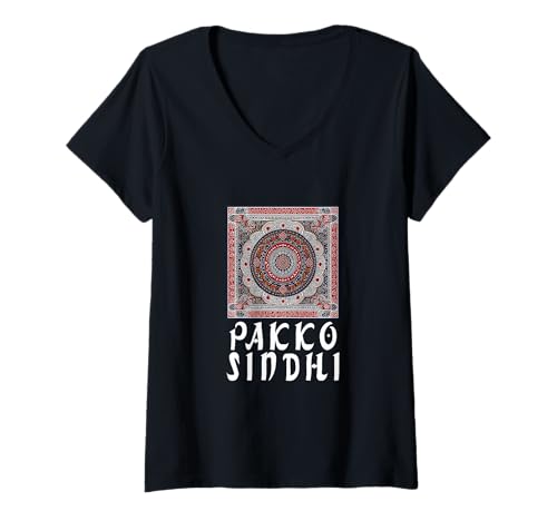 Damen Pakko Sindhi Ajrak Design Cultural Heritage Sindhi Identity T-Shirt mit V-Ausschnitt Damen Pakko Sindhi Ajrak Design Cultural Heritage Sindhi Identity T-Shirt mit V-Ausschnitt von JHULELAL PROUD SINDHI 100% SINDHI CHETI CHAND TEES