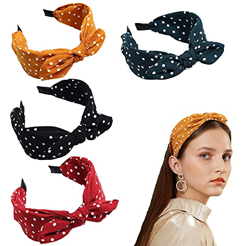 4 Stück Vintage Haarband Haarreifen Schleife Damen Vintage Gepunktet Haarband Stoff Haarreif für Frauen Süß Kopfband Rockabilly Stirnband für Mädchen Alltag Konzerte Party/Schwarz Gelb Rot Grün von JHXhhthongtong