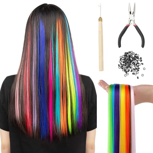 52 Stück Bunte Haarverlängerungs Set, 13 Farben Haarschmuck Bunte Haarsträhnen Kinder, 50cm Kunst haare Extensions Haarsträhnen Kinder, Haarteil Zange Häkchen mit 100 Perlen Ponytail Braids Clip von JHXhhthongtong