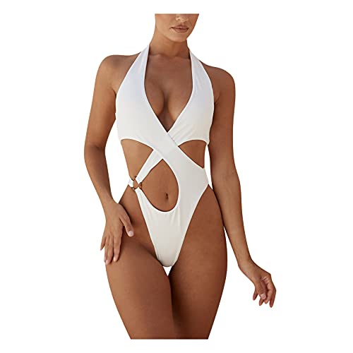 Damen Tankini Plus Size One-Piece Badeanzug Badeanzug mit Bauchkontrolle Bademode Badeanzug Neckholder V-Ausschnitt Rückenfrei Einteiliger Bademode Bauchweg Cutouts Strandbikini von JHYX