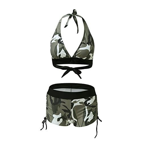 JHYX Frauen Bikini Set Zweiteiliger Camouflage Print Neckholder Bikini Badeanzug mit Badeshorts Split Push Up Strandbikini Tankini Badeanzug Beachwear Badebekleidung, L von JHYX