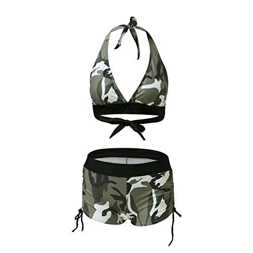JHYX Frauen Bikini Set Zweiteiliger Camouflage Print Neckholder Badeanzug mit Badeshorts Split Push Up Strandbikini Tankini Beachwear Badebekleidung, M von JHYX