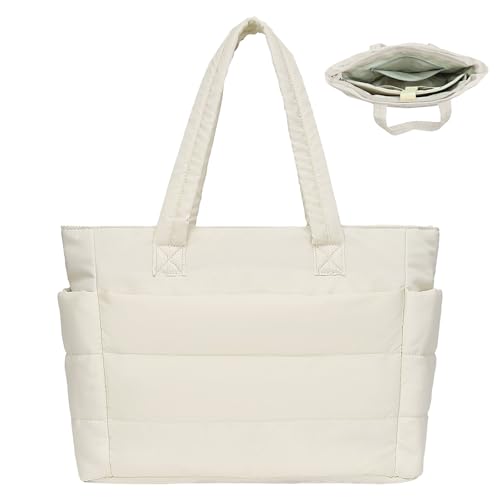 Damen Puffer Tote Bag Gesteppte Geldbörse Große Laptop Pufftaschen mit Reißverschluss für Reisen, Fitnessstudio, Alltag, Beige, Einheitsgröße Damen Puffer Tote Bag Gesteppte Geldbörse Große Laptop Pufftaschen mit Reißverschluss für Reisen, Fitnessstudio, Alltag, Beige, Einheitsgröße von JHhomezeit
