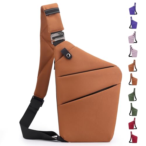 JHhomezeit Anti-Diebstahl-Crossbody-Tasche – Schultertasche mit mehreren Taschen und verstellbarem Riemen, schmale Schultertasche für Damen und Herren, Braun-linke Schulter von JHhomezeit