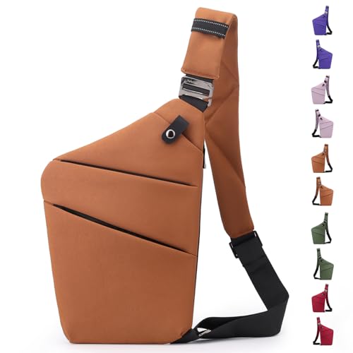 JHhomezeit Anti-Diebstahl-Crossbody-Tasche – Schultertasche mit mehreren Taschen und verstellbarem Riemen, schmale Schultertasche für Damen und Herren, Braun-rechte Schulter von JHhomezeit