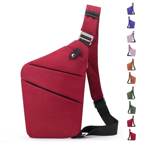 JHhomezeit Anti-Diebstahl-Crossbody-Tasche – Schultertasche mit mehreren Taschen und verstellbarem Riemen, schmale Schultertasche für Damen und Herren, Rot-rechte Schulter JHhomezeit Anti-Diebstahl-Crossbody-Tasche – Schultertasche mit mehreren Taschen und verstellbarem Riemen, schmale Schultertasche für Damen und Herren, Rot-rechte Schulter von JHhomezeit